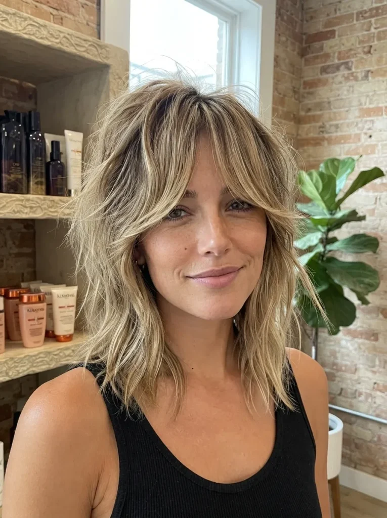 Blonde choppy wolf shag haircut with a black tank top in a salon setting.