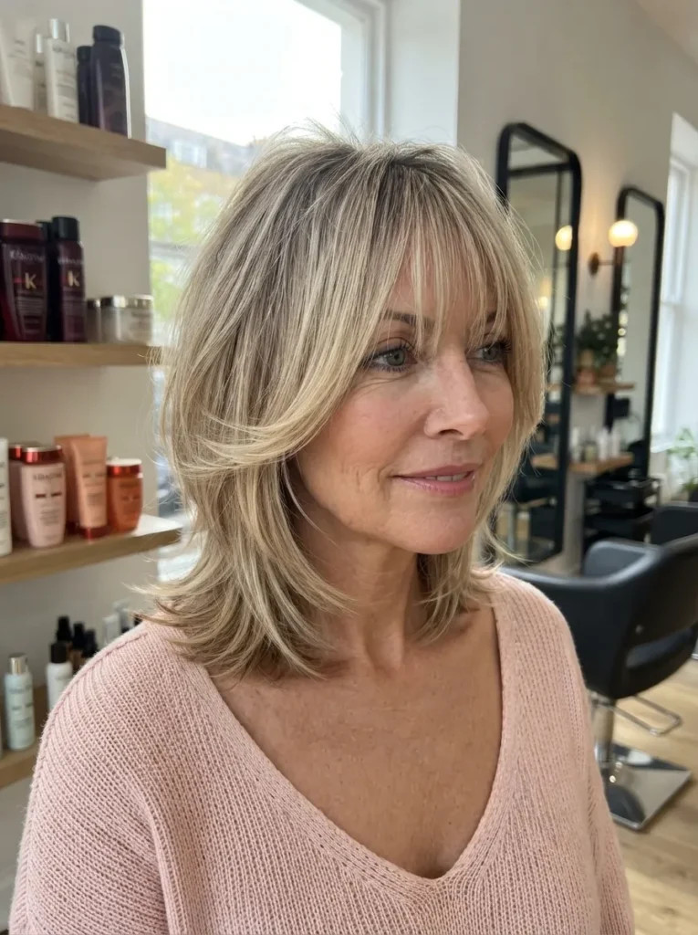 Woman with a blonde collarbone-length shag haircut featuring face-framing layers and bangs, wearing a pink knit sweater.