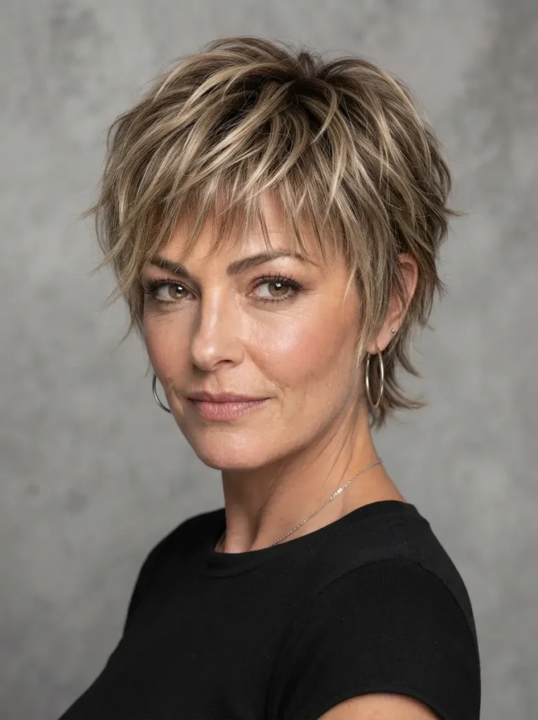 Portrait of a woman with a blonde highlighted pixie shag haircut wearing a black shirt