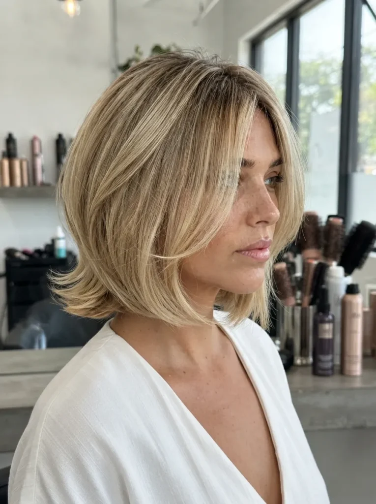 A close-up of a woman with blonde layered bob hair and curtain bangs inside a salon.