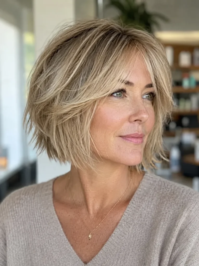 A woman with a blonde layered bob and face-framing bangs wearing a beige top.