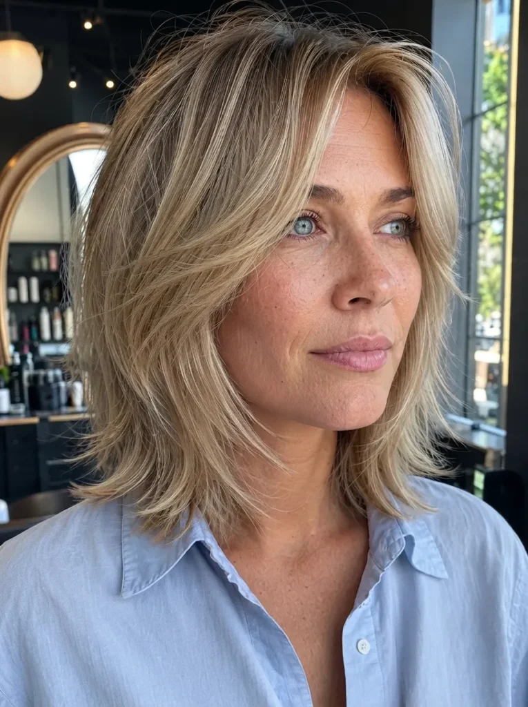 Blonde layered shag haircut with curtain bangs and a light blue shirt.