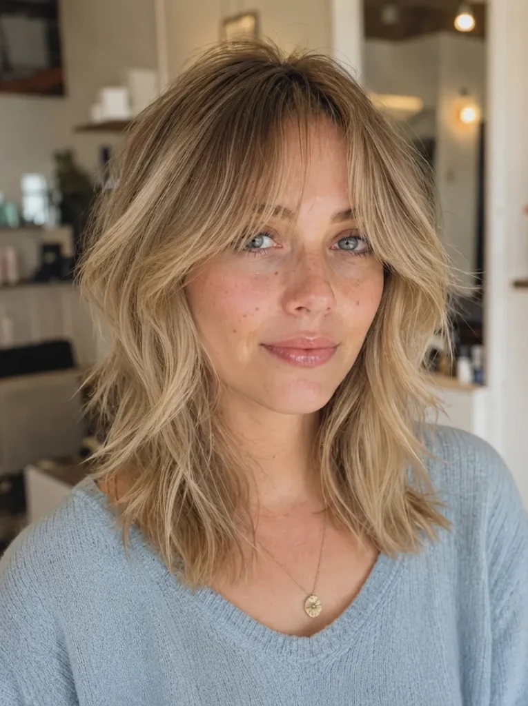 Blonde layered shag haircut with curtain bangs and a light blue sweater.