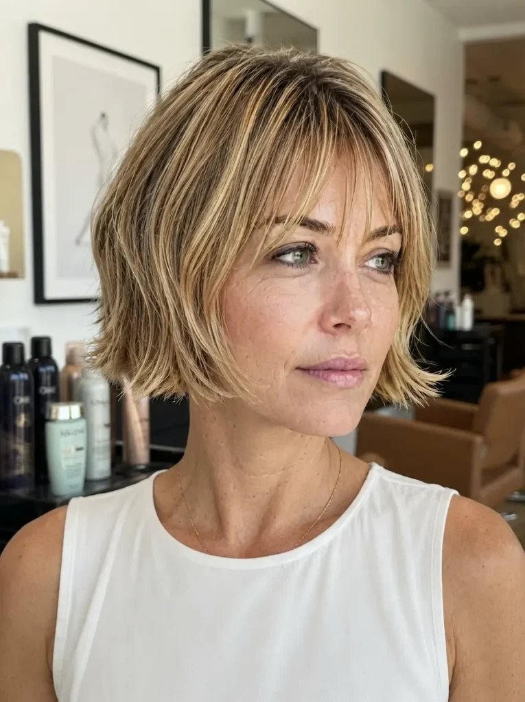 Blonde razor cut bob with flipped ends