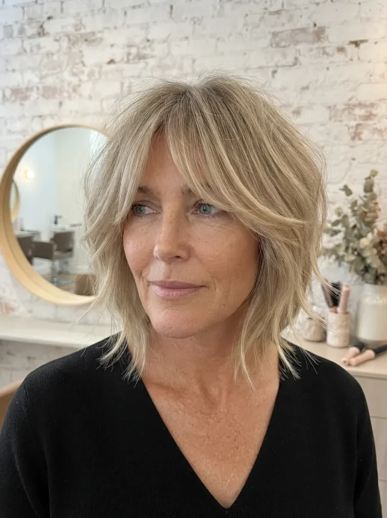 Woman with a blonde shaggy bob and curtain bangs wearing a black v-neck shirt