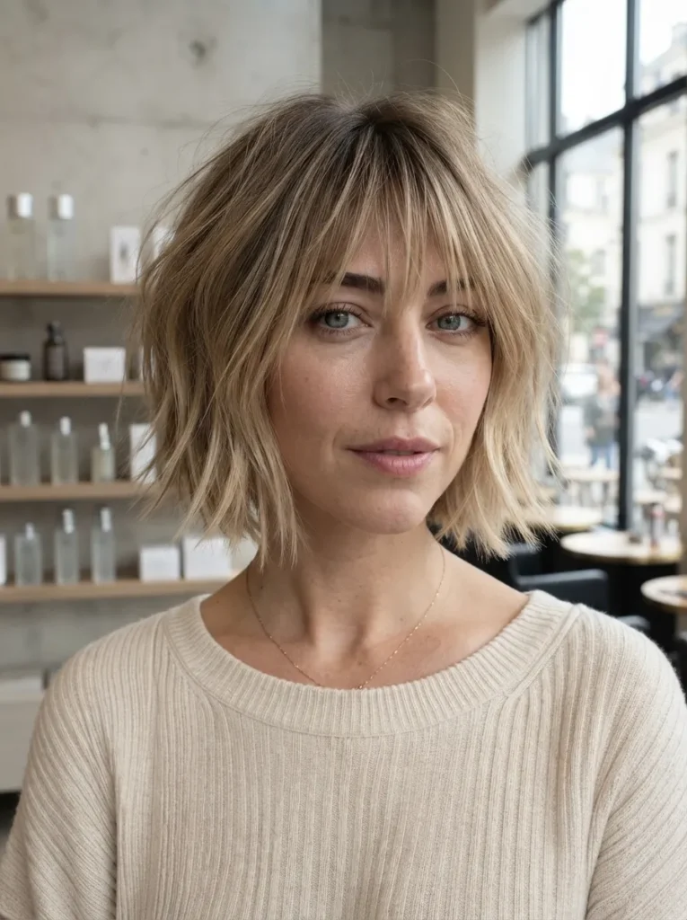 A woman with a blonde shaggy bob and wispy bangs, wearing a textured cream sweater inside a bright, contemporary salon.