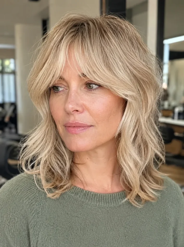 Blonde shaggy haircut with soft curtain bangs and a green sweater.
