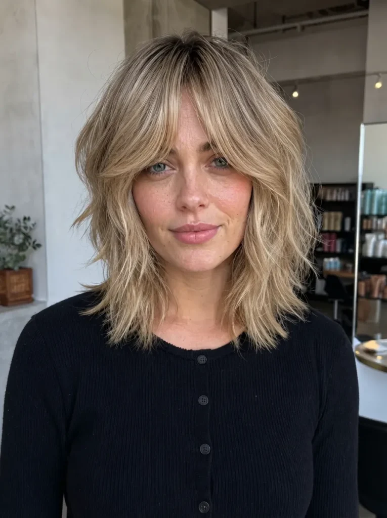 Blonde shaggy layered haircut with curtain bangs and a black cardigan.