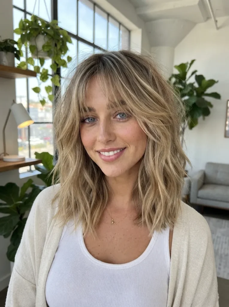 Woman with a blonde shaggy lob and curtain bangs wearing a white tank top and light cardigan