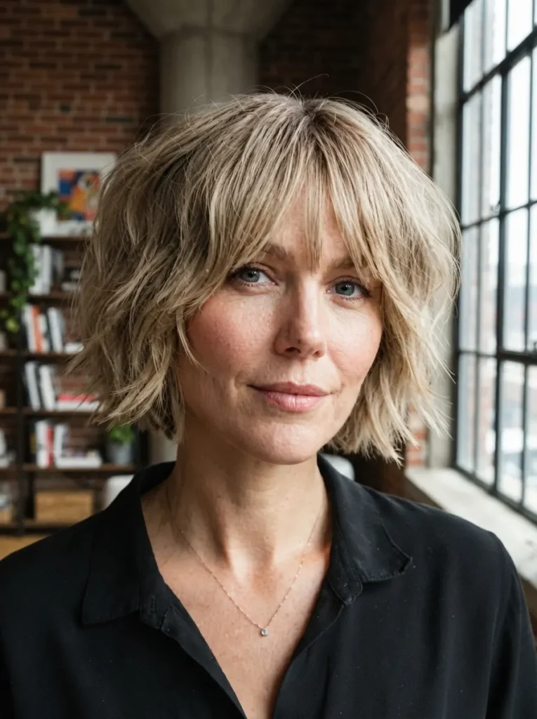 Blonde shaggy textured bob with fringe
