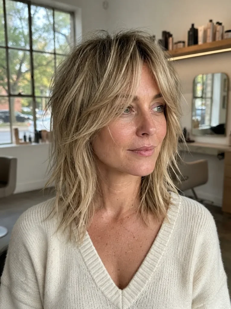 Blonde shaggy wolf cut with curtain bangs and a white sweater.
