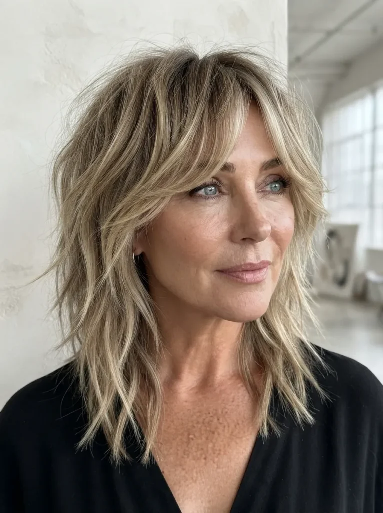 Blonde shaggy wolf cut with curved bangs and a black top.