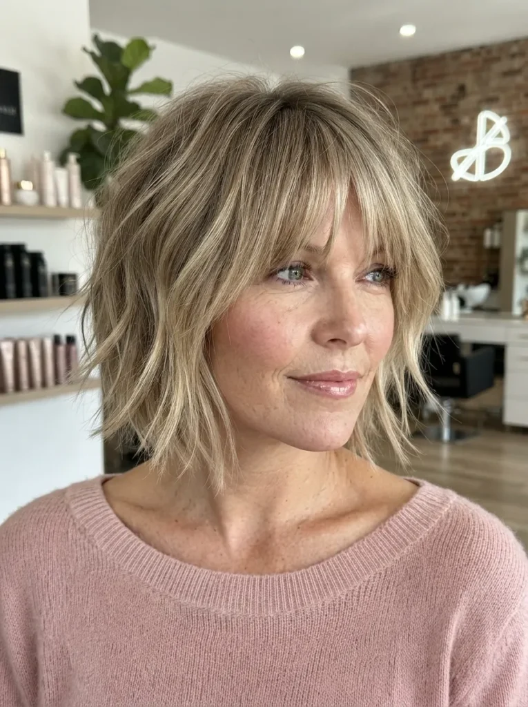 A woman with a blonde textured bob and bangs wearing a pink sweater.
