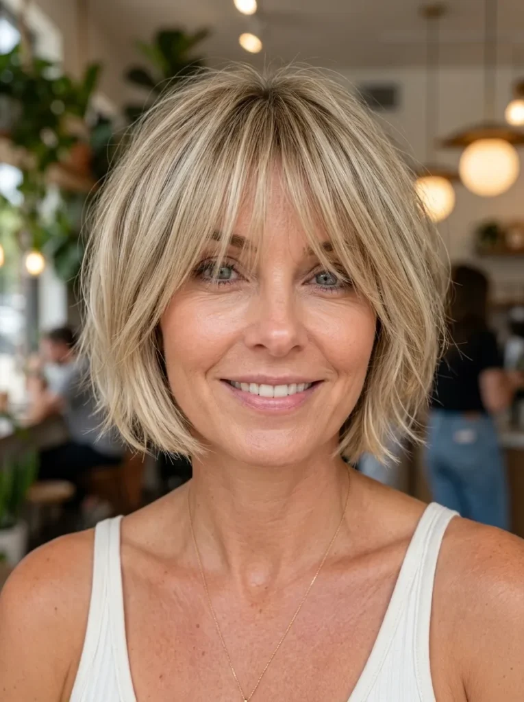 Woman with a blonde textured bob and curtain bangs wearing a white tank top.