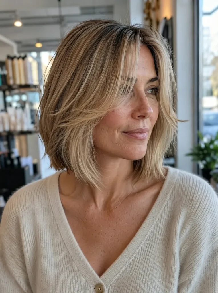 A woman wearing a light-colored V-neck sweater with a textured blonde bob hairstyle.