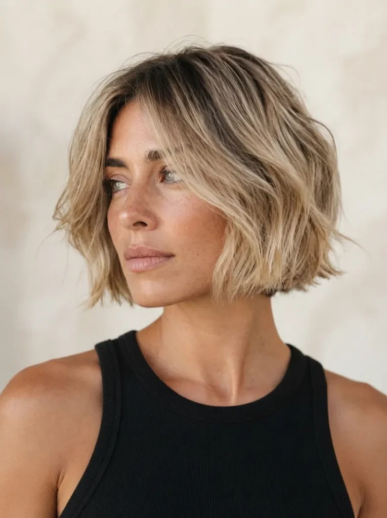 Blonde textured jaw-length bob with centre part