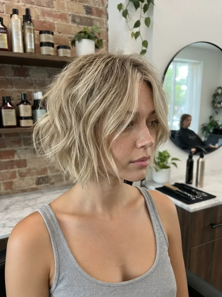 Woman with blonde wavy textured lob haircut with face-framing layers wearing a grey tank top.