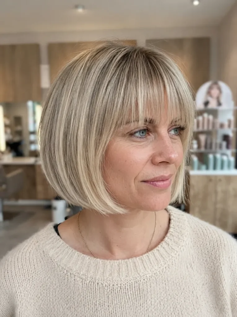 Blonde chin-length bob with fringe and a white sweater in a modern salon