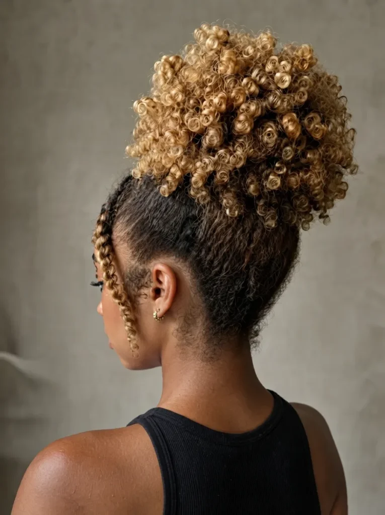 Back view of a woman with a high dirty blonde curly puff and side twists, wearing a black tank top against a neutral background.