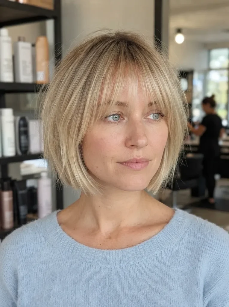 Blonde textured bob with a wispy fringe and a blue sweater