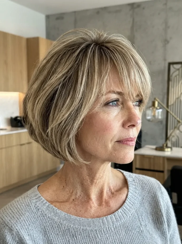 Side profile of a woman with a volumized blonde bob haircut in a salon