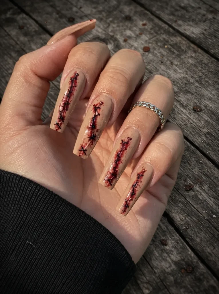 Long coffin nails with a nude flesh-toned base featuring gruesome 3D-effect stitched scars with realistic dark red blood detailing.