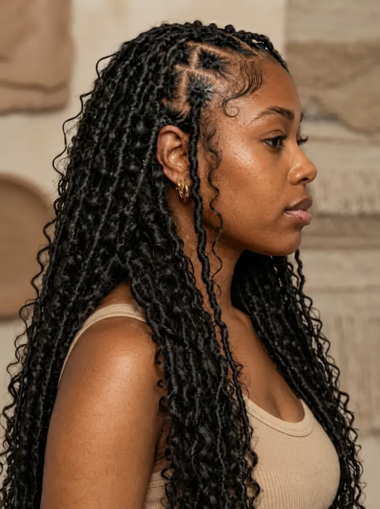 Side profile of a woman wearing long, textured bohemian faux locs with laid edges.