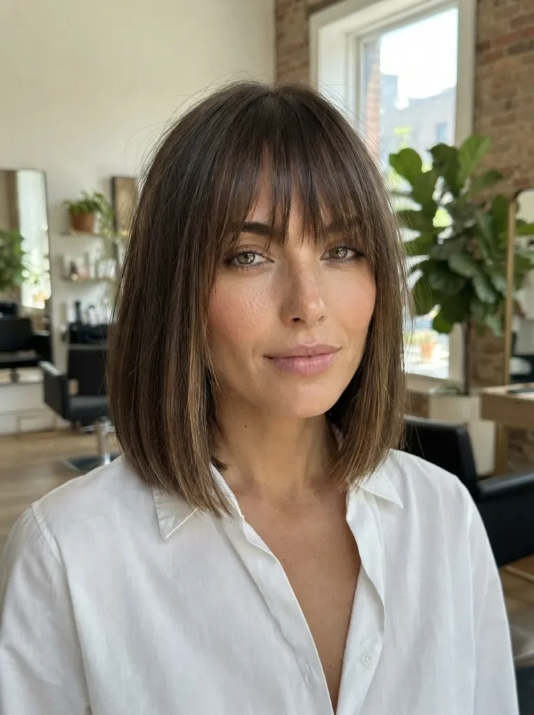Woman with a brown blunt long bob and wispy bangs wearing a white button-down shirt