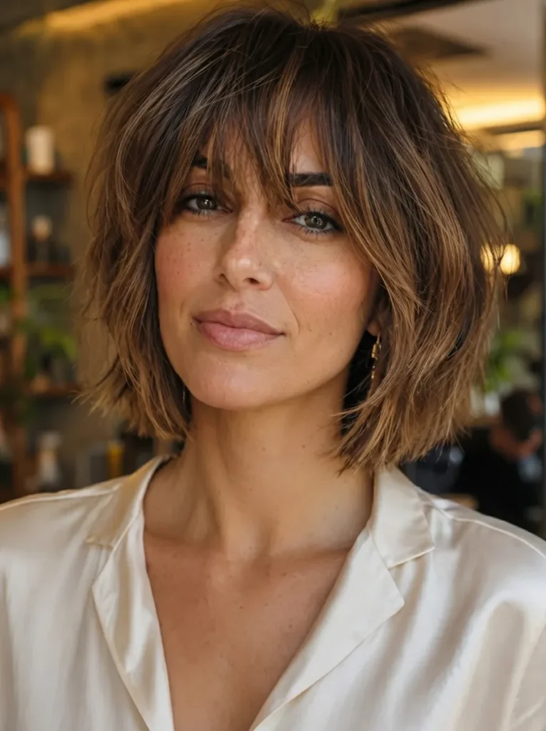 Close-up portrait of a woman with short brunette choppy bob and curtain-style bangs wearing a white shirt.