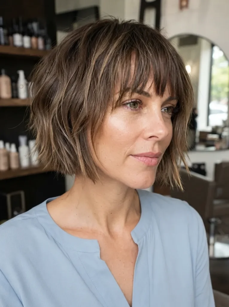 Woman with a brown choppy bob and textured bangs wearing a light blue top.