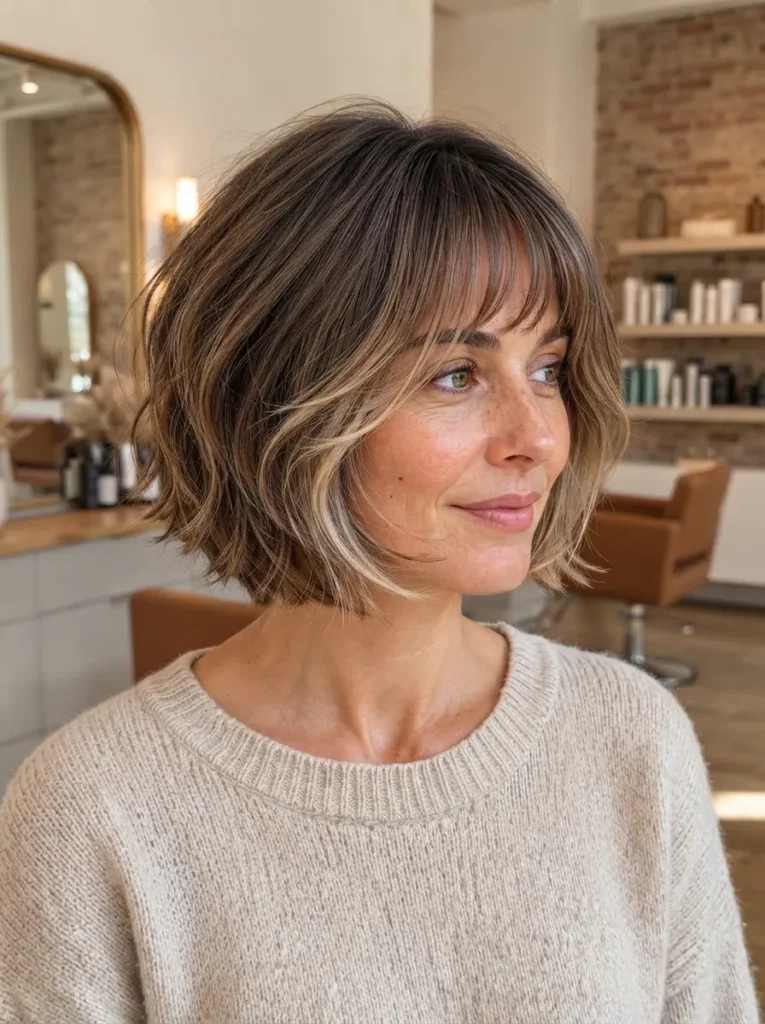 A woman with a brown textured bob haircut featuring blonde highlights and soft fringe, wearing a cream sweater in a salon setting.