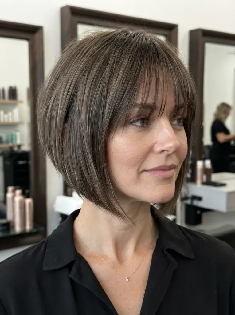 A woman with medium brown bob hair featuring soft bangs, captured in a salon setting
