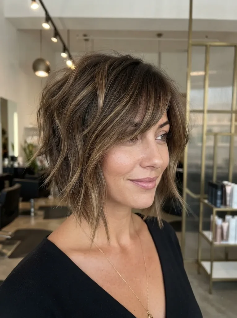 Brunette asymmetrical messy bob with side-swept bangs