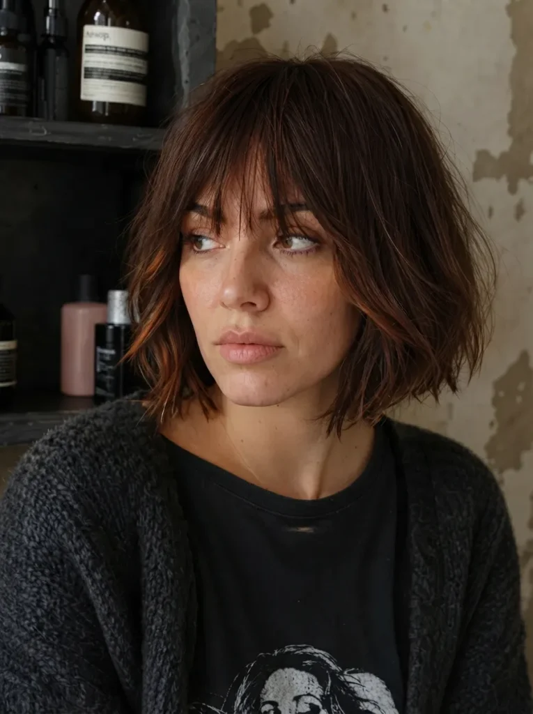 Woman with short brown choppy bob and textured bangs wearing a dark cardigan inside a salon.