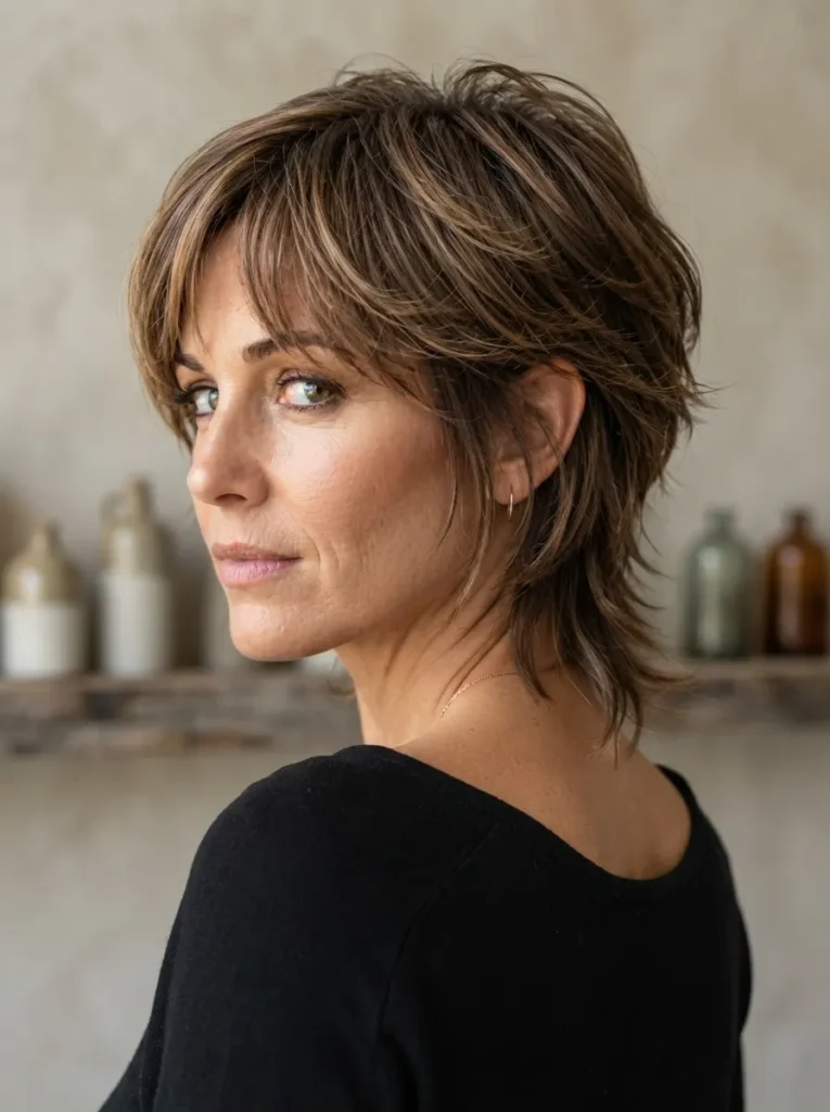 Brunette choppy bob with mini mullet and bangs