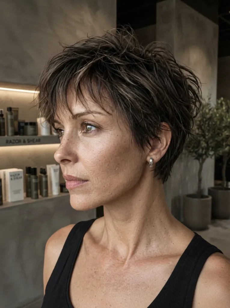 Profile view of a woman in a black tank top showcasing a brunette piecey razor pixie haircut with soft layers and fringe in a modern salon