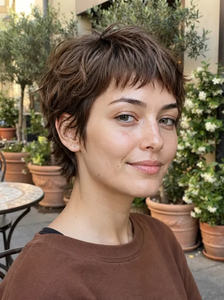 Woman with a brunette pixie shag haircut smiling at an outdoor cafe
