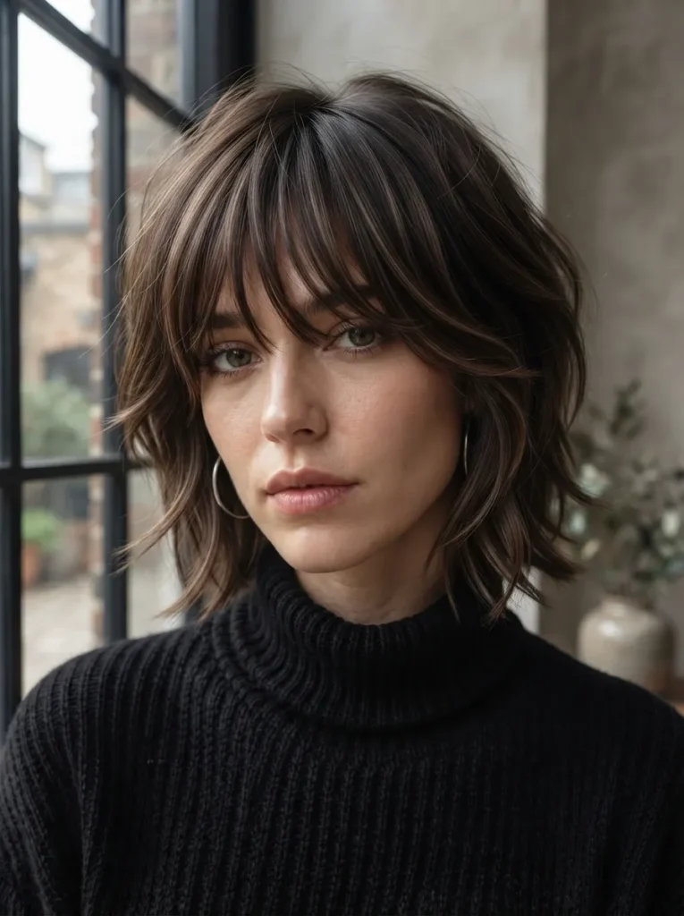 Portrait of a brunette woman with a shag haircut and curtain bangs wearing a black turtleneck