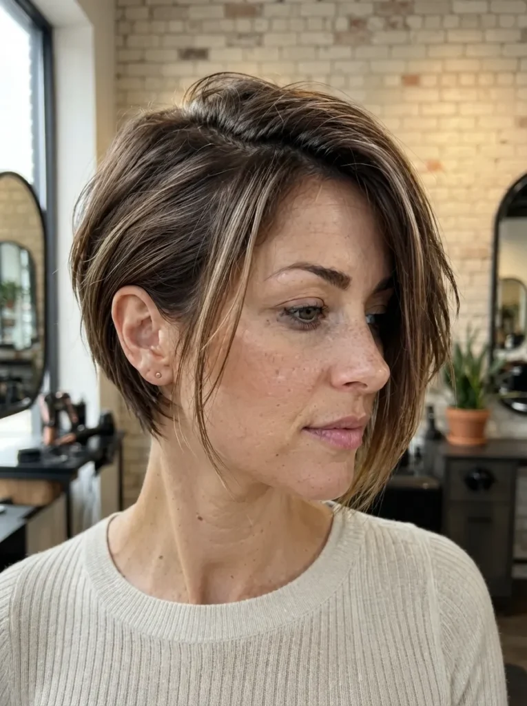 A woman with a brunette stacked pixie bob and side-swept layers wearing a beige top.