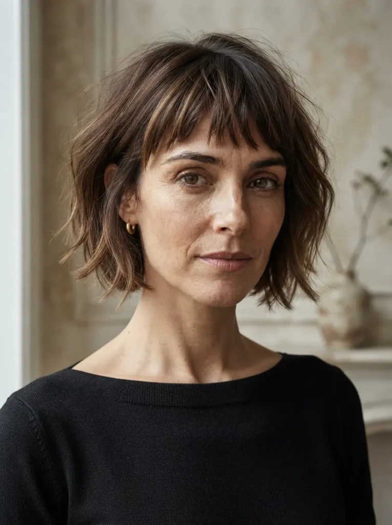 Woman with short brown wavy bob haircut and straight fringe bangs wearing a black top.