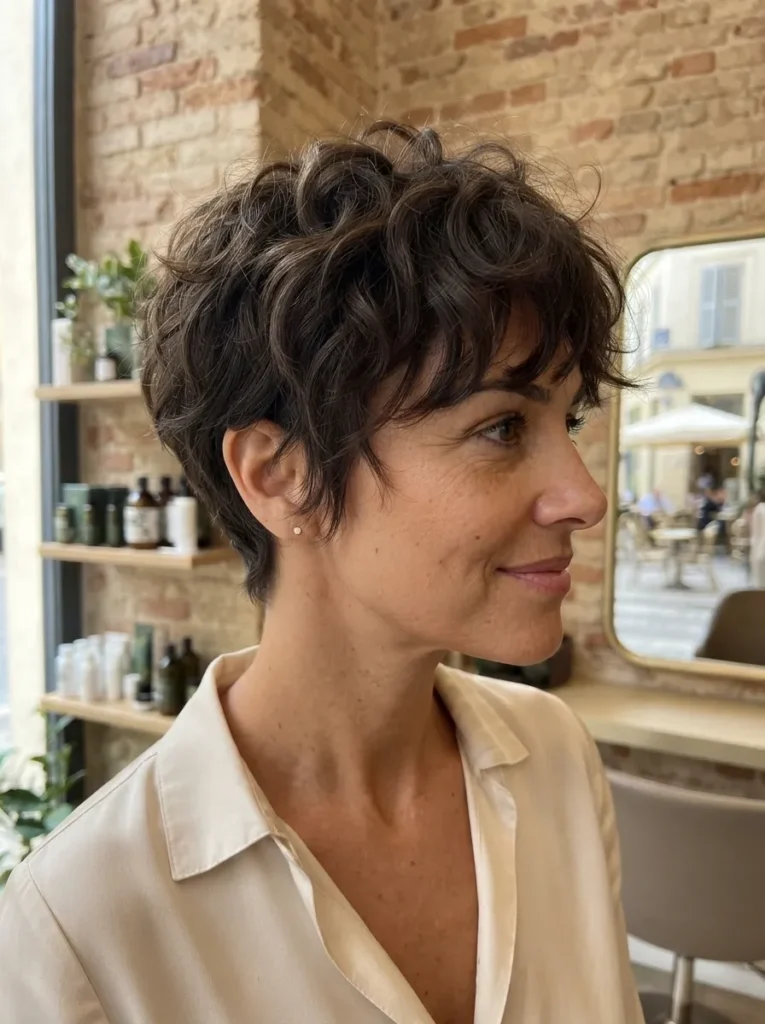 Woman with short wavy dark brown pixie haircut and subtle bangs in a salon setting
