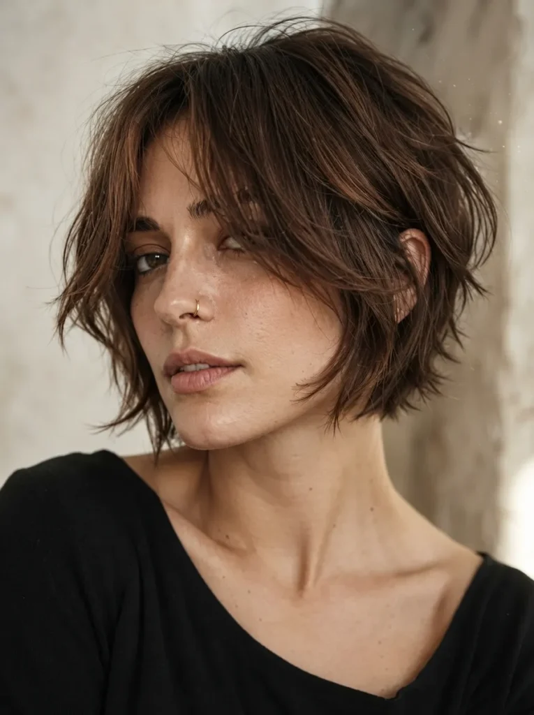 Brunette textured wolf bob haircut with nose ring