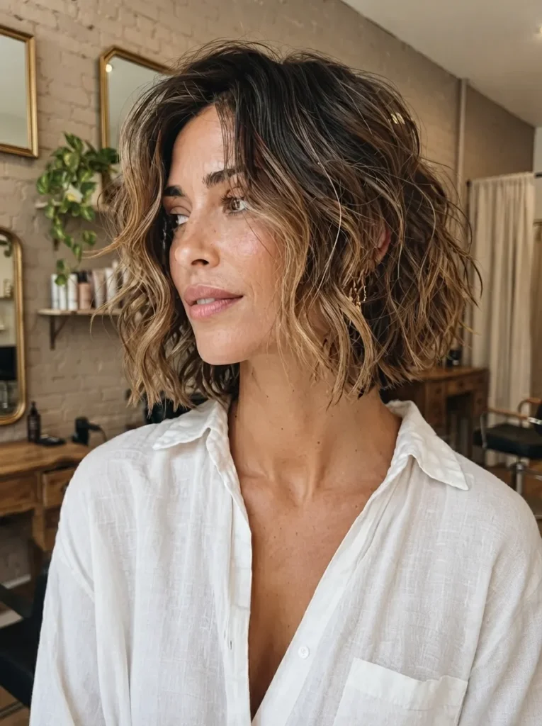 A woman with a brunette wavy textured bob hairstyle wearing a white shirt.