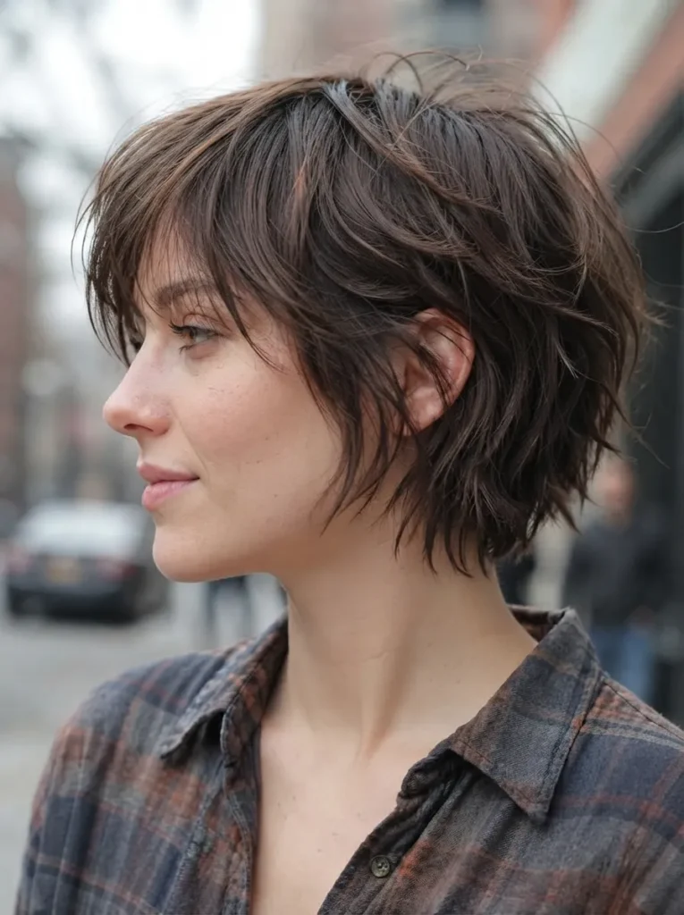 Profile view of a brunette woman with a short layered shag haircut wearing a plaid shirt