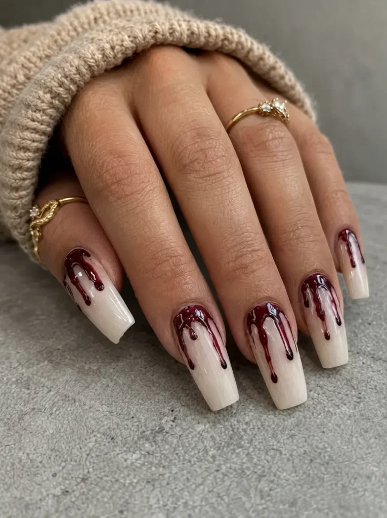 Long coffin-shaped nails with a milky nude base featuring glossy 3D burgundy blood drips cascading from the tips.