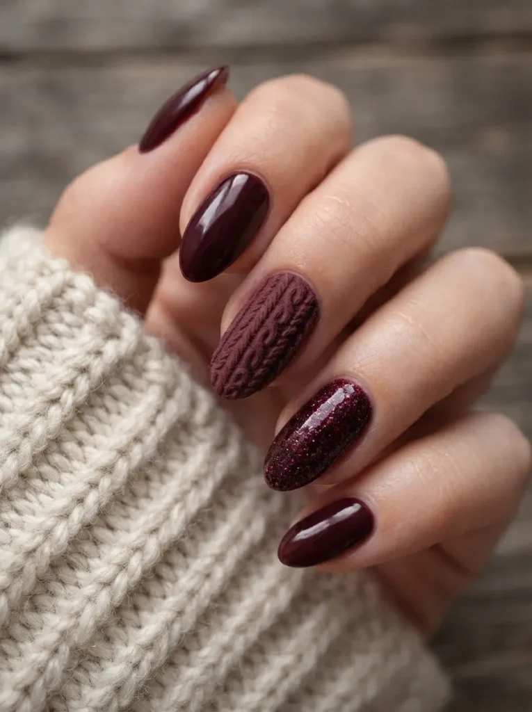 Burgundy oval nails featuring a matte sweater knit texture and shimmer glitter accent details.