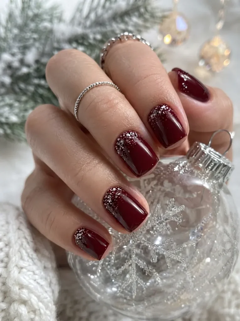 Burgundy square nails decorated with a silver glitter gradient cuticle art effect.