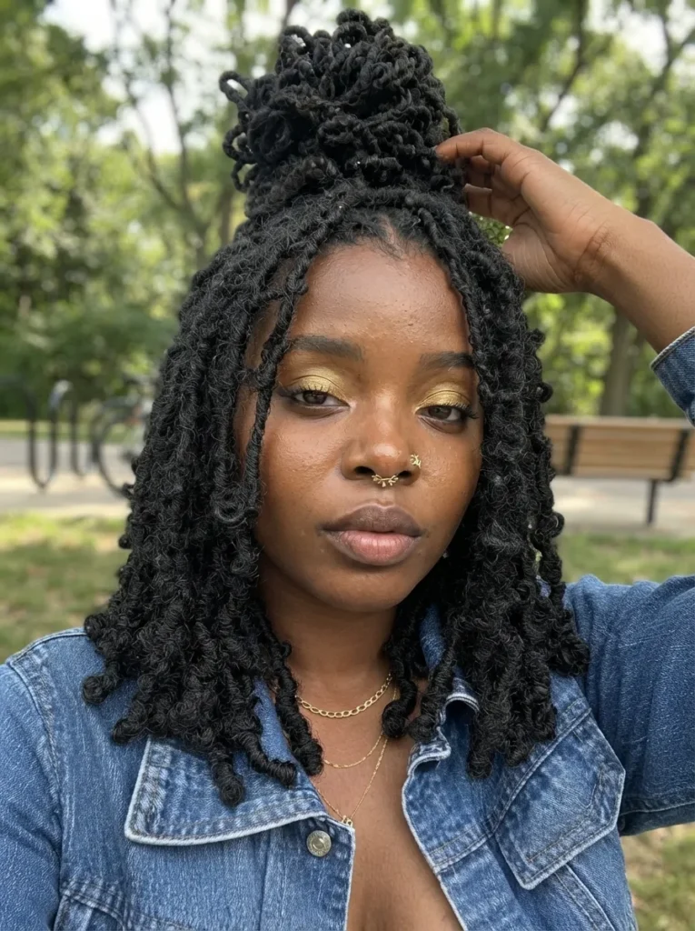A woman with butterfly locs styled in a half-up bun
