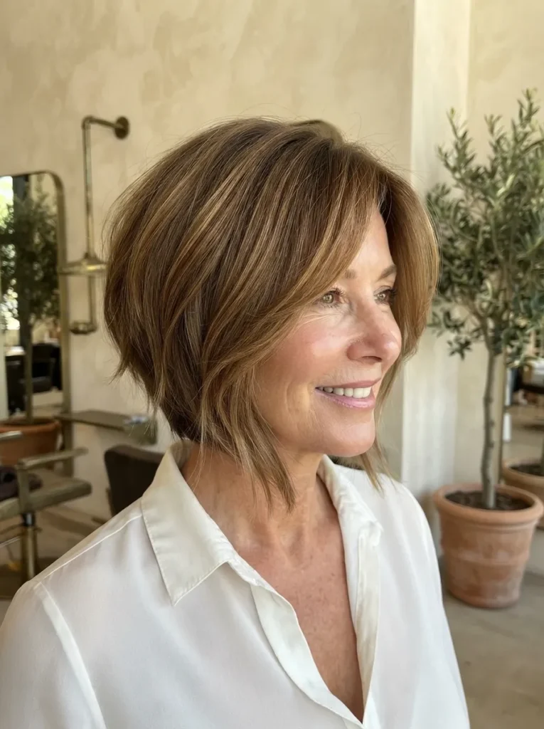 A woman with an Italian-inspired warm brown angled bob haircut smiling in a salon.