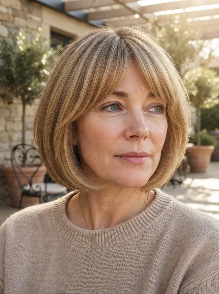 Caramel blonde layered bob with curtain bangs in an outdoor setting